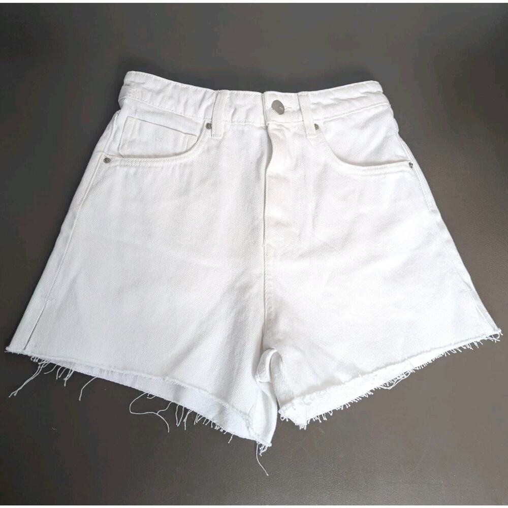 Zara High Rise White Denim Womens Short Shorts Cutoffs Raw Hem Cotton Sz 0